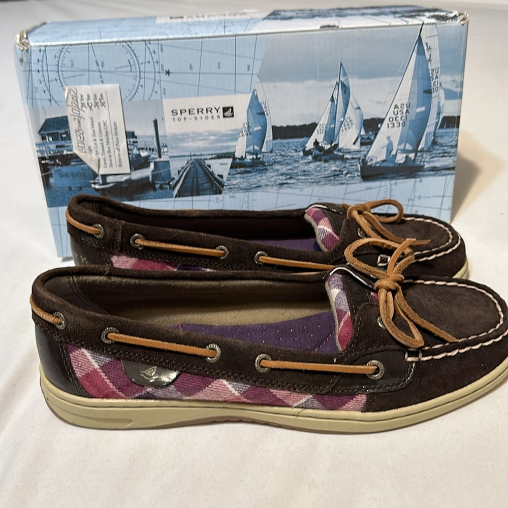 Never-worn Sperry Top-Sider Suede Angelfish Dark Brown with Maroon Plaid shoes
